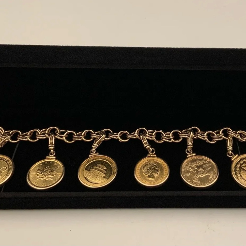 Solid 14 Kt Gold Charm Bracelet With Six Genuine .999 Pure Gold Coins - Picture 9 of 9